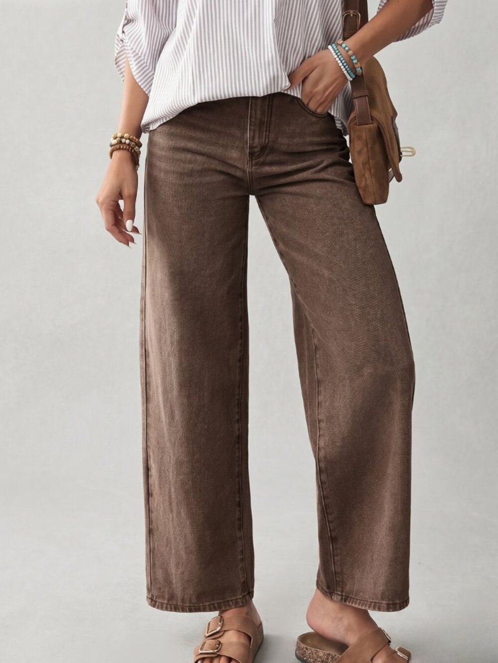 Women Brown High Waist Straight Leg Jeans Casual Cotton Minimal Chic Pants - Picture 6 of 6